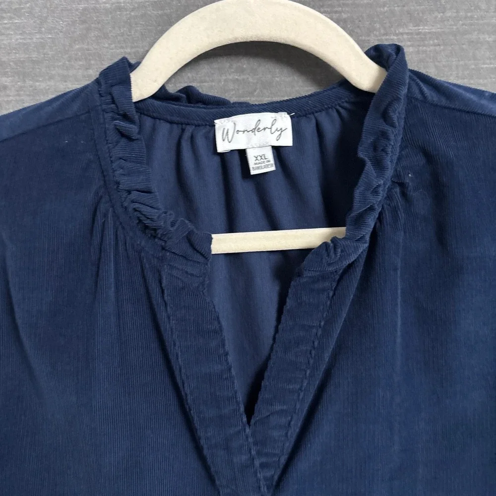 Wonderly Top XXL Blue Cotton Corduroy Ruffle Collar Button Down Casual Fall